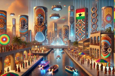 Dall-E generated Futuristic Afrocentric Ghana Cityscape for Awam