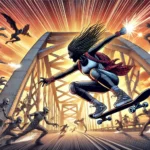 A Dall-E generated image of a girl speeding along the Adomi Bridge in Ghana while battling monsters